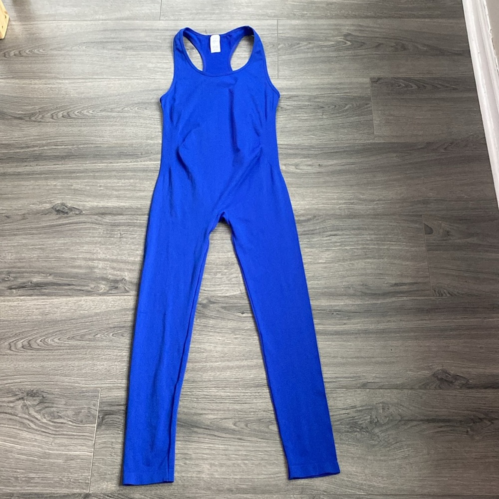 Women’s Blue Seamless Sleeveless Jumpsuit Bodysuit OSFM Small Stretch Romper
